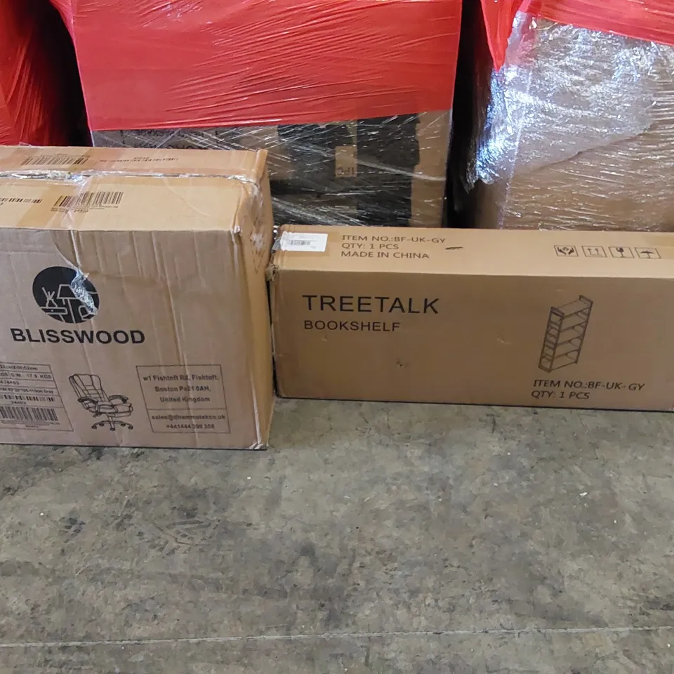 PALLET OF ASSORTED ITEMS INCLUDING: OFFICE CHAIRS, BOOKSHELF