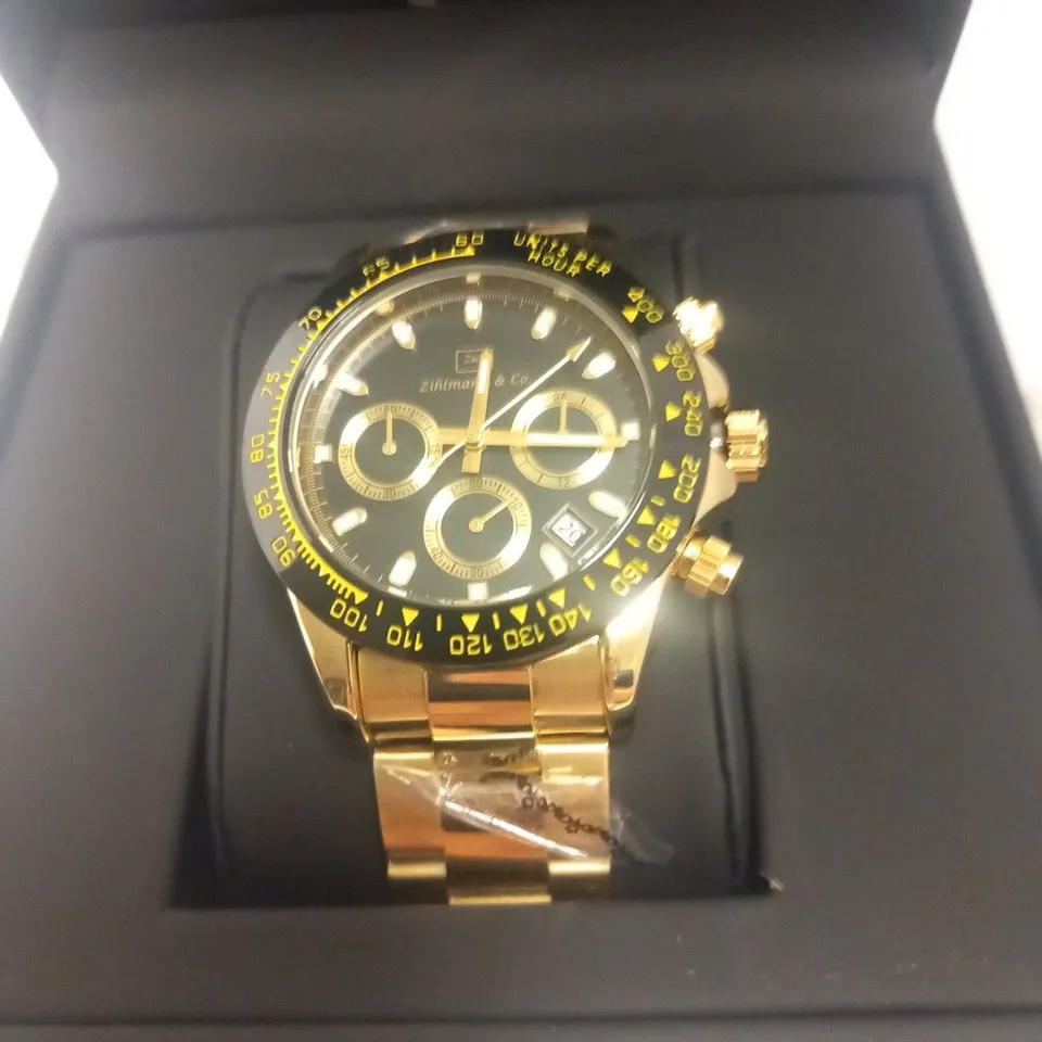 MENS ZIHLMANN & Co Z400 WATCH – CHRONOGRAPH MOVEMENT – GOLD COLOUR STAINLESS STEEL STRAP – BLACK DIAL – 3ATM WATER RESISTANT 