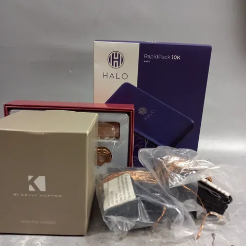 box OF APPROXIMATELY 10 ASSORTED ITEMS TO INCLUDE - halo portable battery - scented candle - led lights ETC