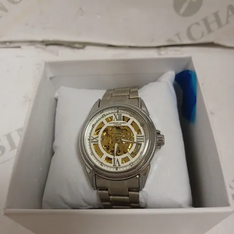 BOXED ANTHONY JAMES GENTS LIMITED EDITION SKELETON AUTOMATIC  STAINLESS STEEL WATCH - WATER RESISTANT - WITH KEY RING.