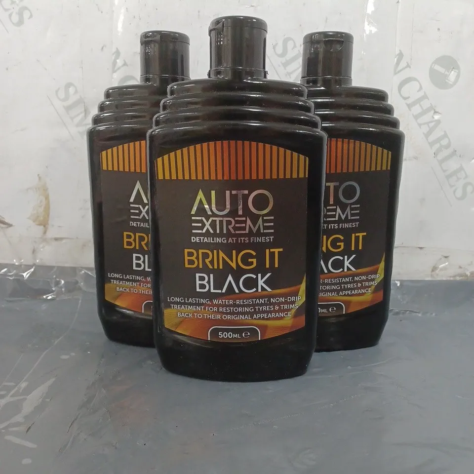 LOT OF 3 AUTO EXTREME BRING IT BLACK TRIM TYRE RESTORER LIQUID NON-DRIP TREATMENT 500ML COLLECTION ONLY 