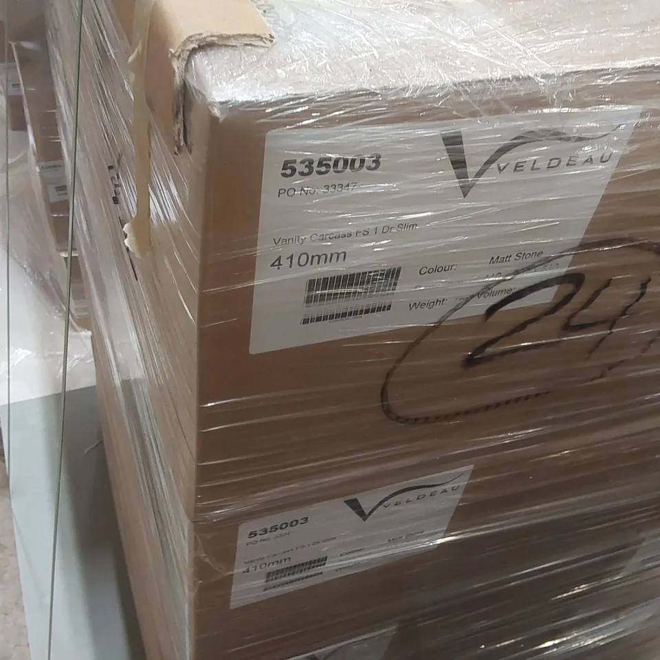 PALLET CONTAINING A LARGE QUANTITY OF ASSORTED BATHROOM FURNITURE PARTS INCLUDING: VELDEAU VANITY CARCASSES ECT