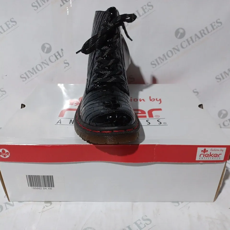 BOXED PAIR OF RIEKER BLACK CROC LACE BOOT- BLACK UK SIZE 6