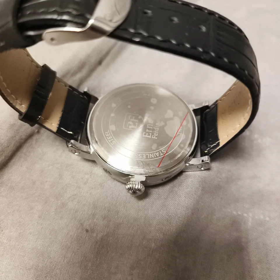 ERNEST FERDINAND WATCH – FUNCTIONING SUB DIALS – LEATHER STRAP –  BLACK FACE DIAL WITH BLUE HUE