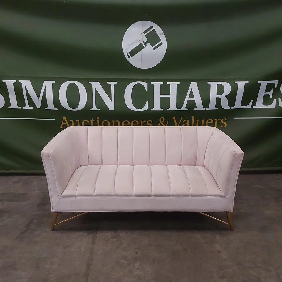 DESIGNER PLUSH PINK VELVET UPHOLSTERED SOFA WITH GOLD LEGS 