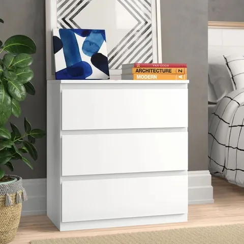 BOXED CUNHA THREE DRAWER BEDSIDE CHES 70cm wide