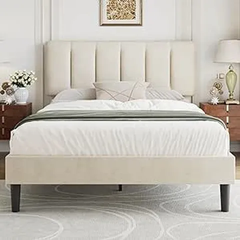 BOXED VECELO DOUBLE SIZE BED FRAME 4FT6 UPHOLSTERED PLATFORM WITH ADJUSTABLE VELVET HEADBOARD - BEIGE (1 BOX)