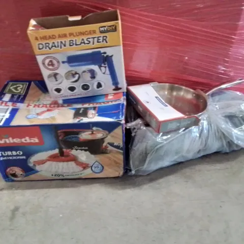 PALLET OF ASSORTED HOUSEHOLD PRODUCTS AND ITEMS TO INCLUDE; 4 HEAD AIR PLUNGER DRAIN BLASTER,VILEDA TURBO MOPPING SET,DOGBED