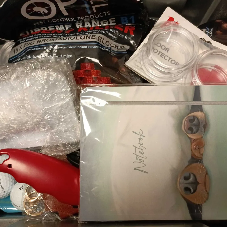 APPROXIMATELY 14 ASSORTED HOUSEHOLD ITEMS TO INCLUDE GOLFBALLS, RODENT KILLER, PLASTIC FORKS, ETC