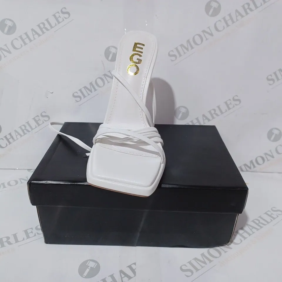 BOXED PAIR OF EGO SUPERLIT OPEN TOE HIGH HEEL SANDALS IN WHITE UK SIZE 4