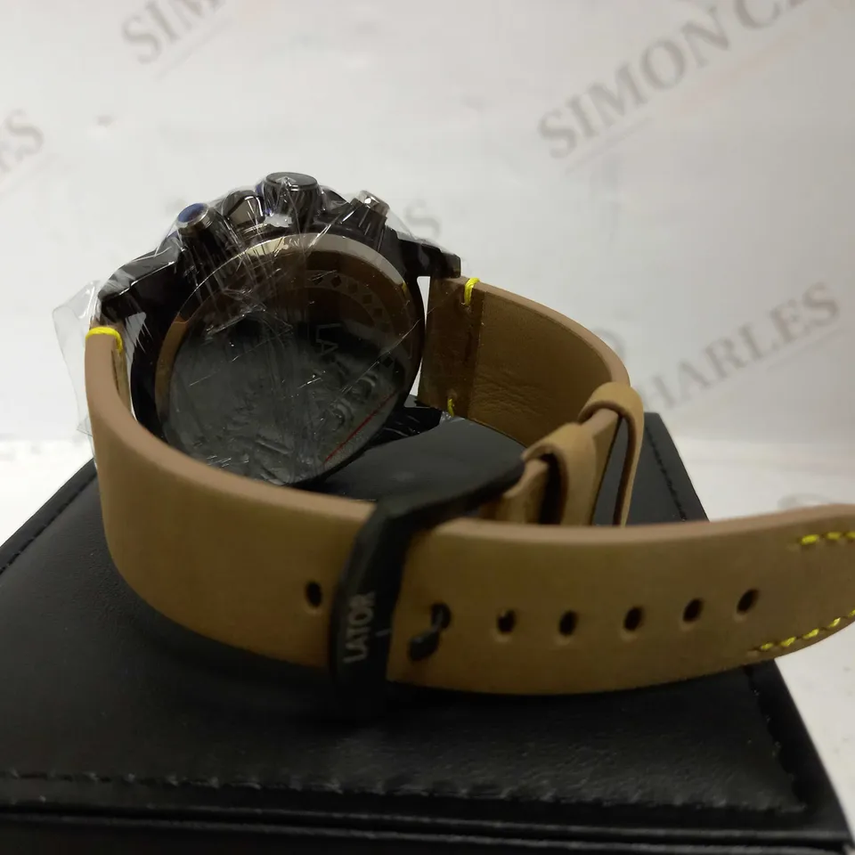 LATOR CALIBRE BLUE & YELLOW DIAL SUEDE LEATHER STRAP WATCH RRP £635