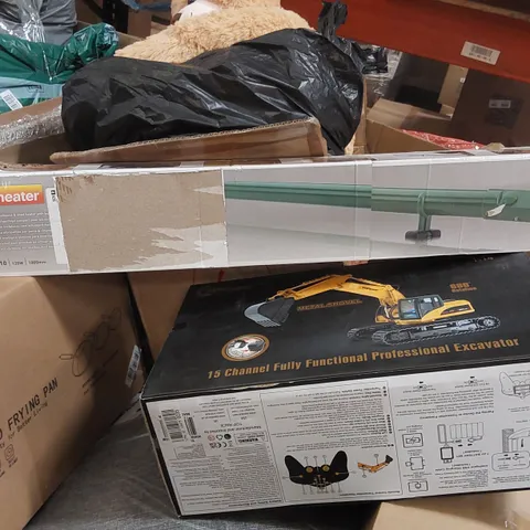 PALLET OF ASSORTED ITEMS INCLUDING: RC EXCAVATOR, FRYING PAN, ECO HEATER, PLAYPEN ECT