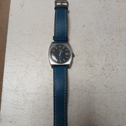 YEMA AUTOMATIC WRISTWATCH – 17 JEWELS, BLUE LEATHER STRAP