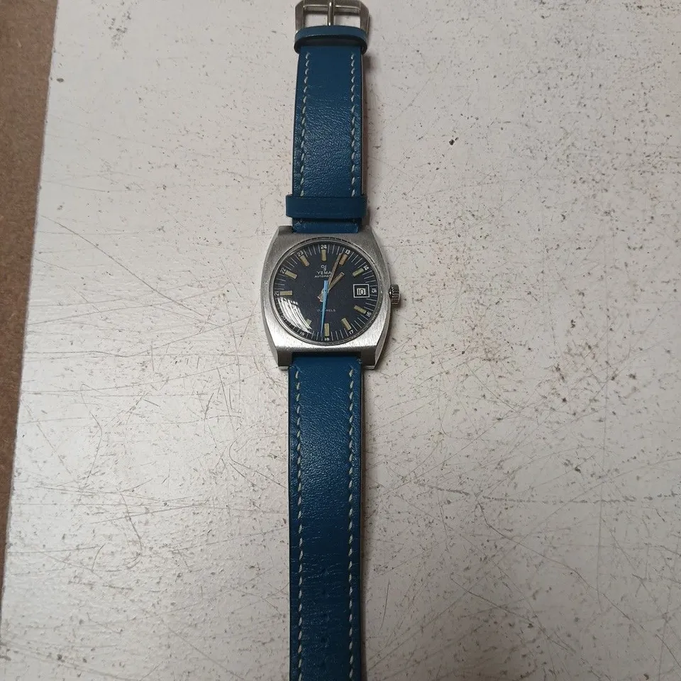 YEMA AUTOMATIC WRISTWATCH – 17 JEWELS, BLUE LEATHER STRAP
