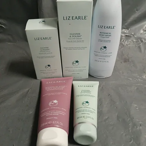 LIZ EARLE LOT OF 5 ASSORTED COSMETIC PRODUCTS TO INCLUDE BOTANICAL BODY WASH, CLEANSE & POLISH STARTER KIT, DAILY MOISTURE CONDITIONER, ETC
