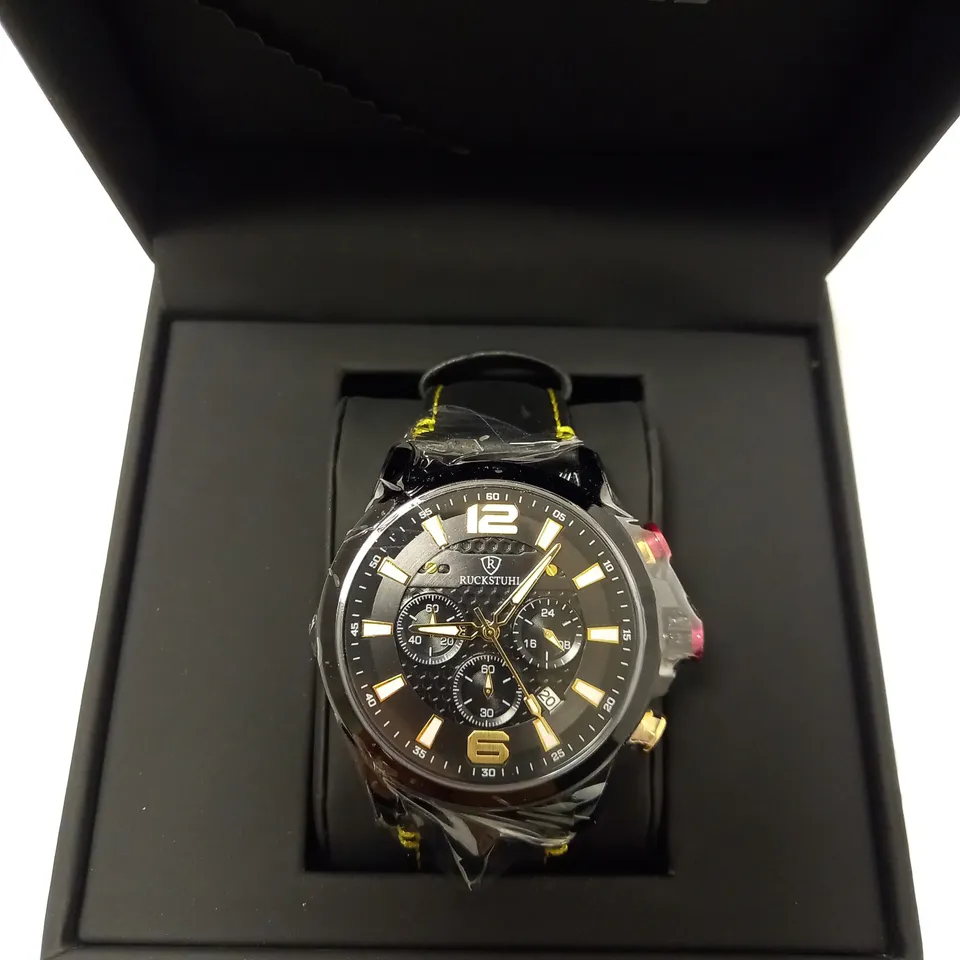 RUCKSTUHL AUTOMATIC BLACK LEATHER STRAP WRISTWATCH