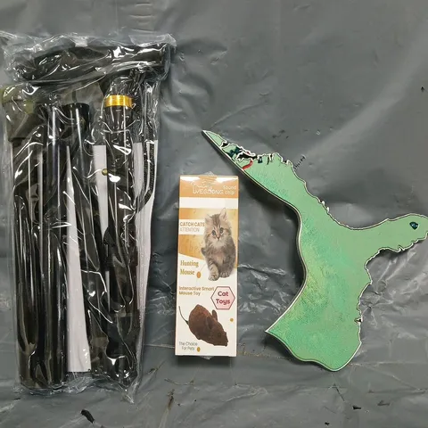 APPROXIMATELY 10 ASSORTED HOUSEHOLD ITEMS TO INCLUDE FOLDABLE WALKING CANE, CAT TOY, ETC
