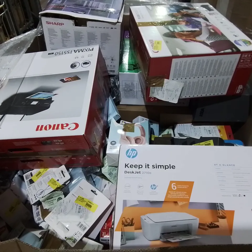 PALLET OF ASSORTED TECH ITEMS TO INCLUDE HP DESKJET PRINTER, SHARP SPEAKERS AND DVD PLAYER