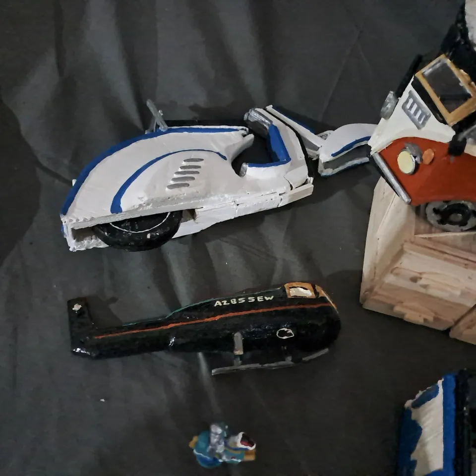 BOX OF ASSORTED HAND PAINTED ITEMS TO INCLUDE FIGURINES & VEHICLES