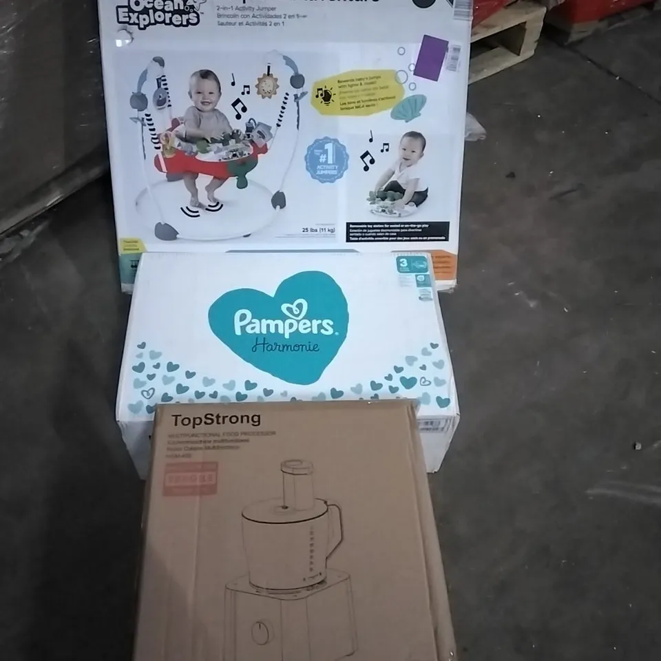 PALLET OF HOUSEHOLD ITEMS TO INCLUDE AIRPLANE ADVENTURE, PAMPERS HARMONIE,FOOD PROCESSOR AND OTHER ASSORTED ITEMS...
