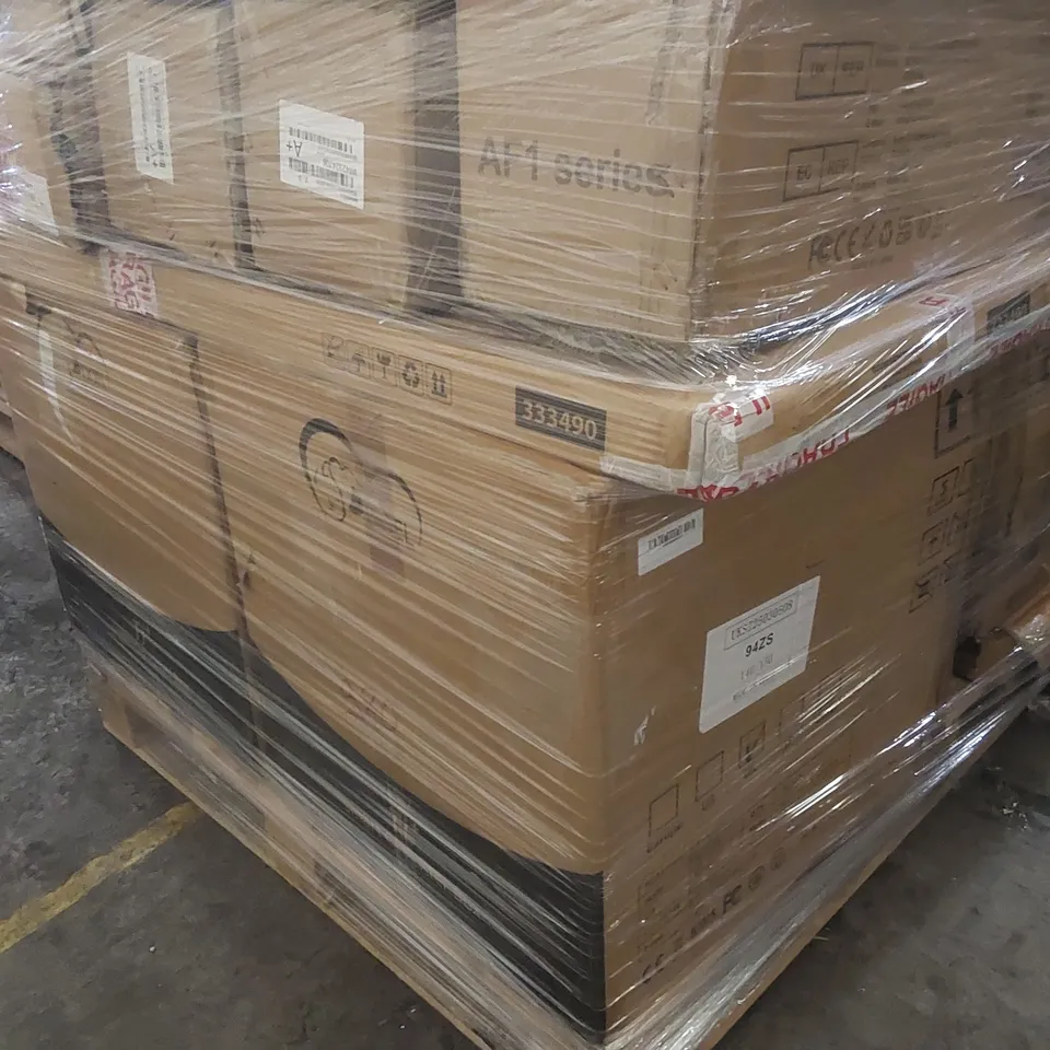 PALLET CONTAINING A LARGE ASSORTMENT OF CONSUMER PRODUCTS INCLUDING: INTELLIGENT FAN LIGHT, SINGLE STAR SINK WITH COUNTERTOP BOTTOM FRAME, PERGOLA, CHAIR PARTS ECT