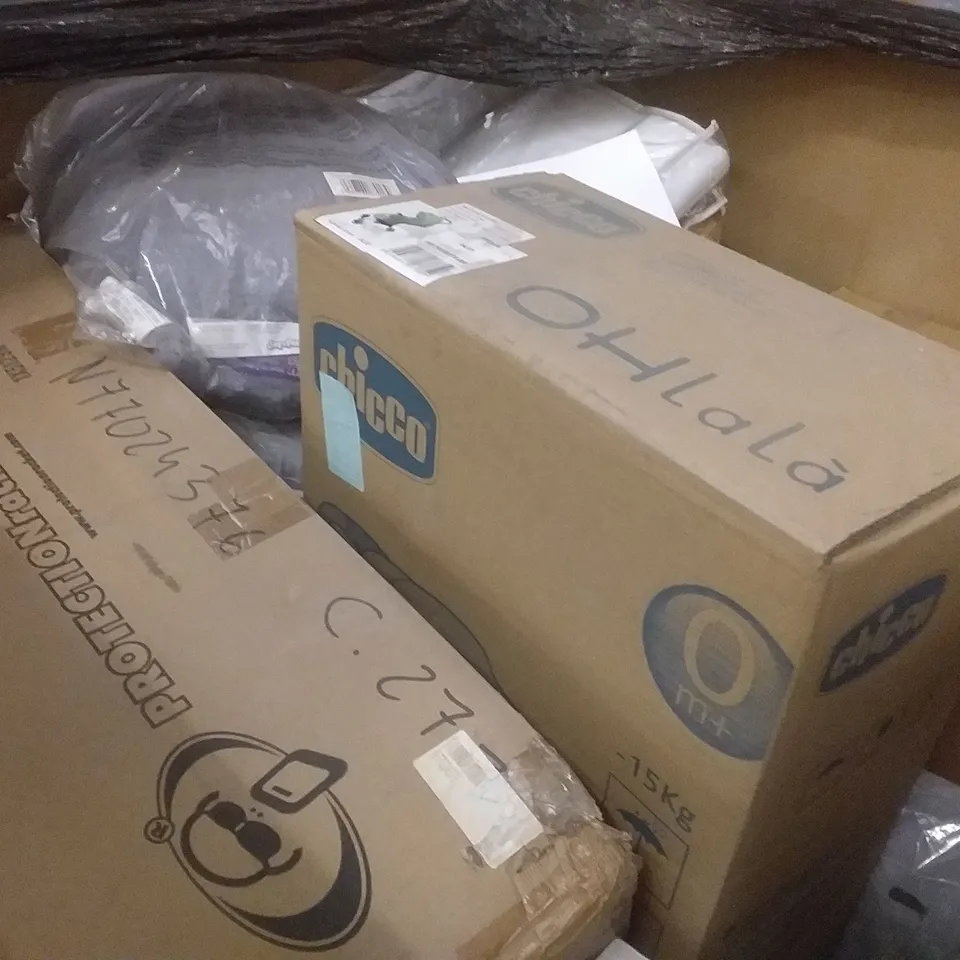 PALLET OF ASSORTED ITEMS INCLUDING BEDSURE COMPFY PET BED XL, KINGDOM BALL LAUNCHER, CHICCO BABY STROLLER, JOY@TOY HAPPY NIPPERS, PHILLIPS MASTER TURBO FLUORESCENT, PROTECTIONRACKET 