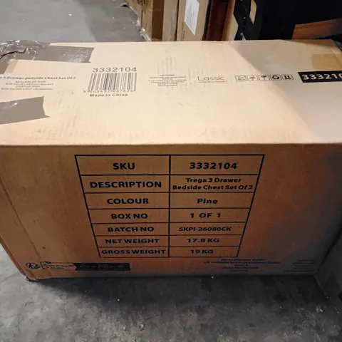BOXED LASSIC TREGA 3 DRAWER BEDSIDE CHEST SET OF 2 IN PINE (1 BOX)