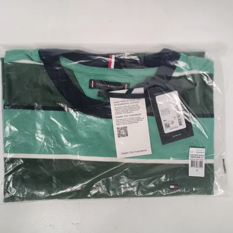 BAGGED TOMMY HILFIGER RUGBY STRIPE SHORT SLEEVE T-SHIRT IN BAHAMA GREEN STRIPE SIZE 16