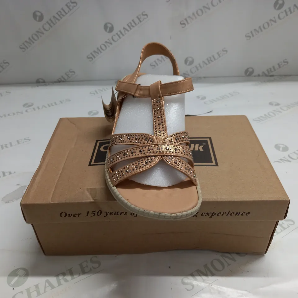 BOXED CUSHION WALK EMBELLISHED SANDALS IN ROSE GOLD  - SIZE 7