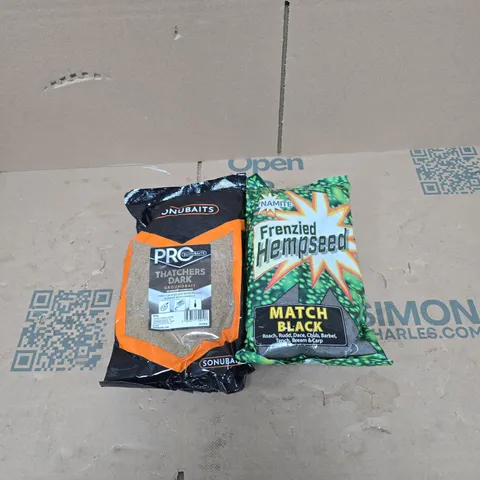 2 X ANGLING PRODUCTS: SONUBAITS THATCHERS DARK 900G + DYNAMITE FRENZIED HEMPSEED MATCH BLACK 900G