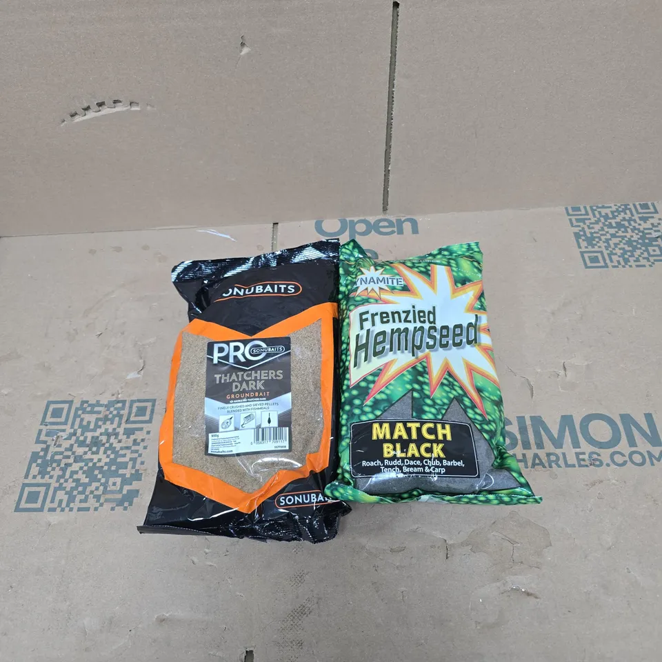 2 X ANGLING PRODUCTS: SONUBAITS THATCHERS DARK 900G + DYNAMITE FRENZIED HEMPSEED MATCH BLACK 900G