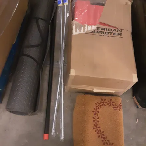PALLET OF ASSORTED PRODUCTS INCLUDING PREMIER WHITE ROUND PROFILE NET ROD, AMERICAN TOURISTER RED SUITCASE, DOOR MAT