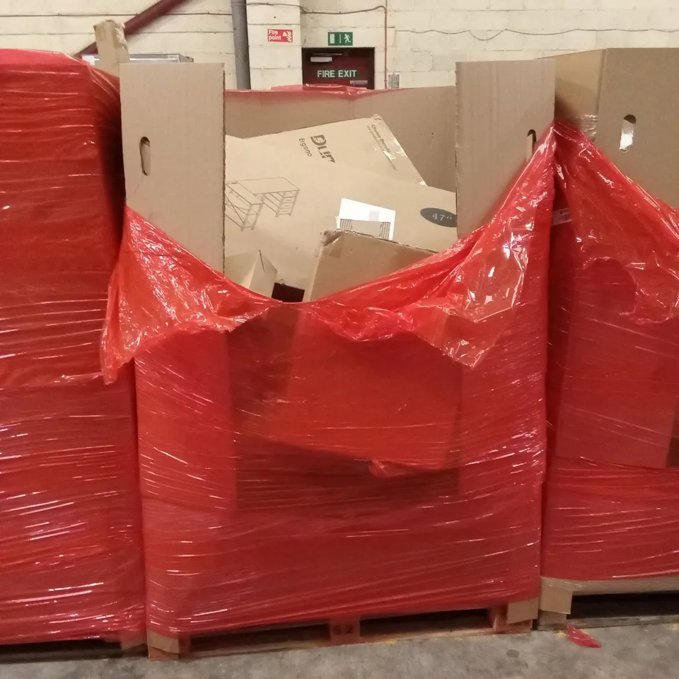 PALLET OF ASSORTED HOUSEHOLD GOODS AND PRODUCTS TO INCLUDE; OFFICE CHAIR, COMPUTER DESK, FLATPACK FURNITURE ETC