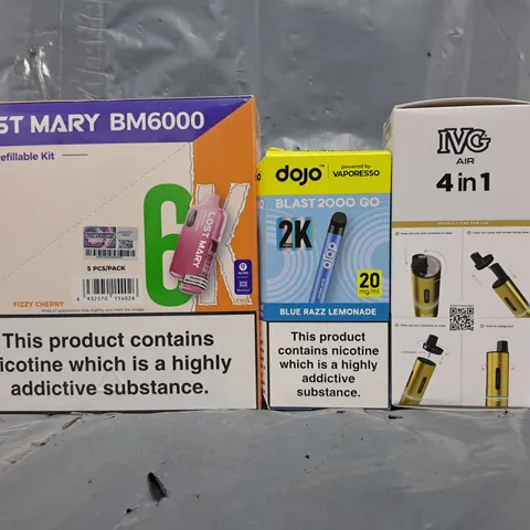 APPROXIMATELY 10 ASSORTED E-CIGARETTE AND VAPE ITEMS TO INCLUDE IVG, DOJO, LOST MARY, ETC