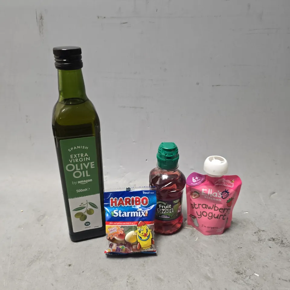APPROXIMATELY 12 ASSORTED FOOD & DRINK ITEMS TO INCLUDE - EXTRA VIRGIN OLIVE OIL , FRUIT SHOOT , HARIBO STARMIX ETC