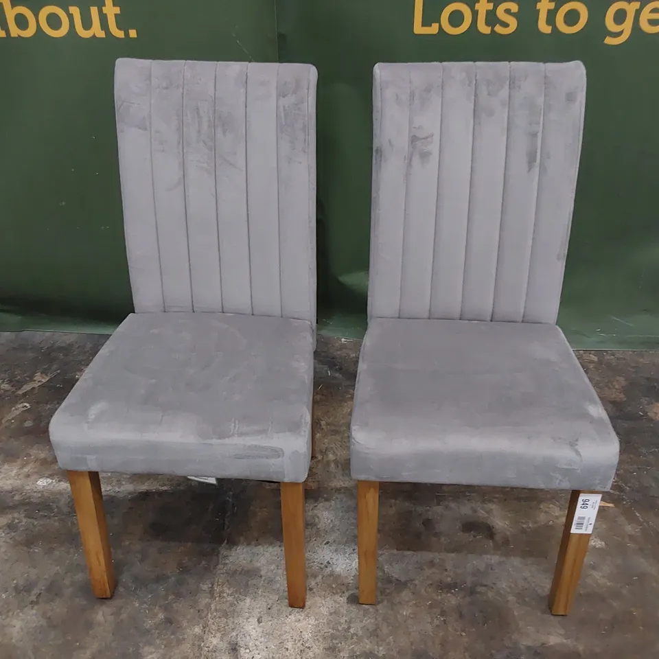 PAIR UPHOLSTERED DINING CHAIRS GREY PLUSH FABRIC ON NATURAL WOOD LEGS 