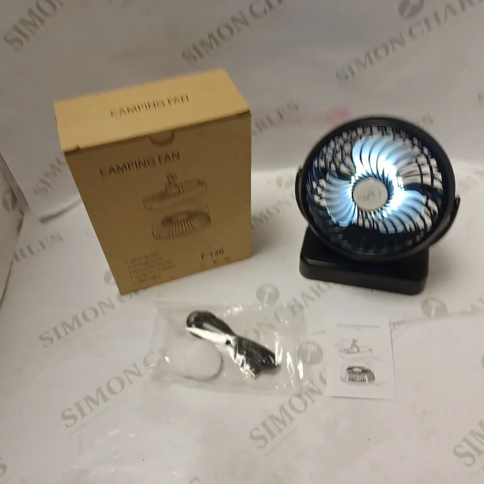 BOXED BATTERY POWERED CAMPING FAN WITH NIGHT LIGHT -USB CHARGING CABLE AND INSTRUCTIONS