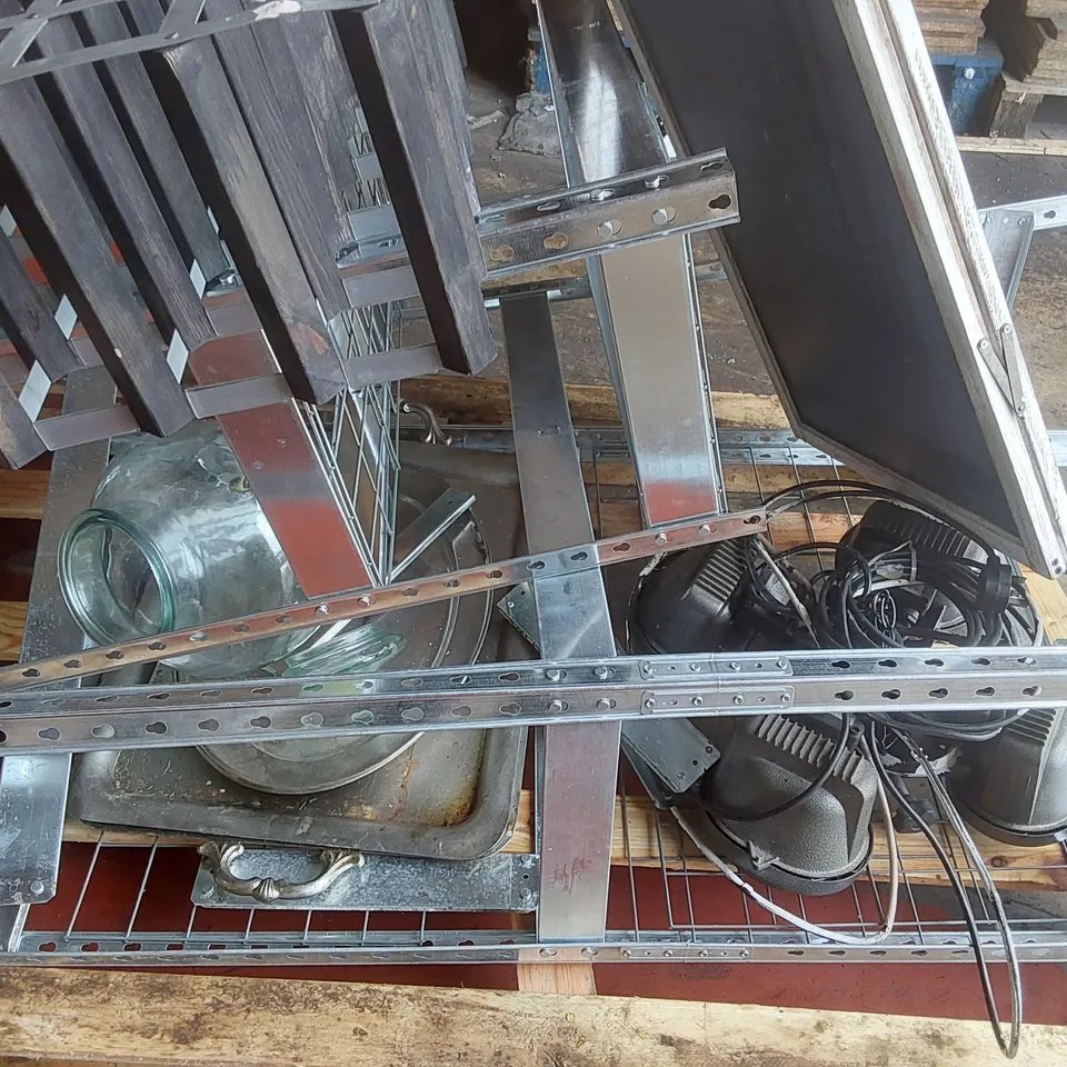 PALLET CONTAINING A LARGE QUANTITY OF ASSORTED RESTAURANT ITEMS INCLUDING: KITCHEN RACKS, LIGHTS, SIGN ECT