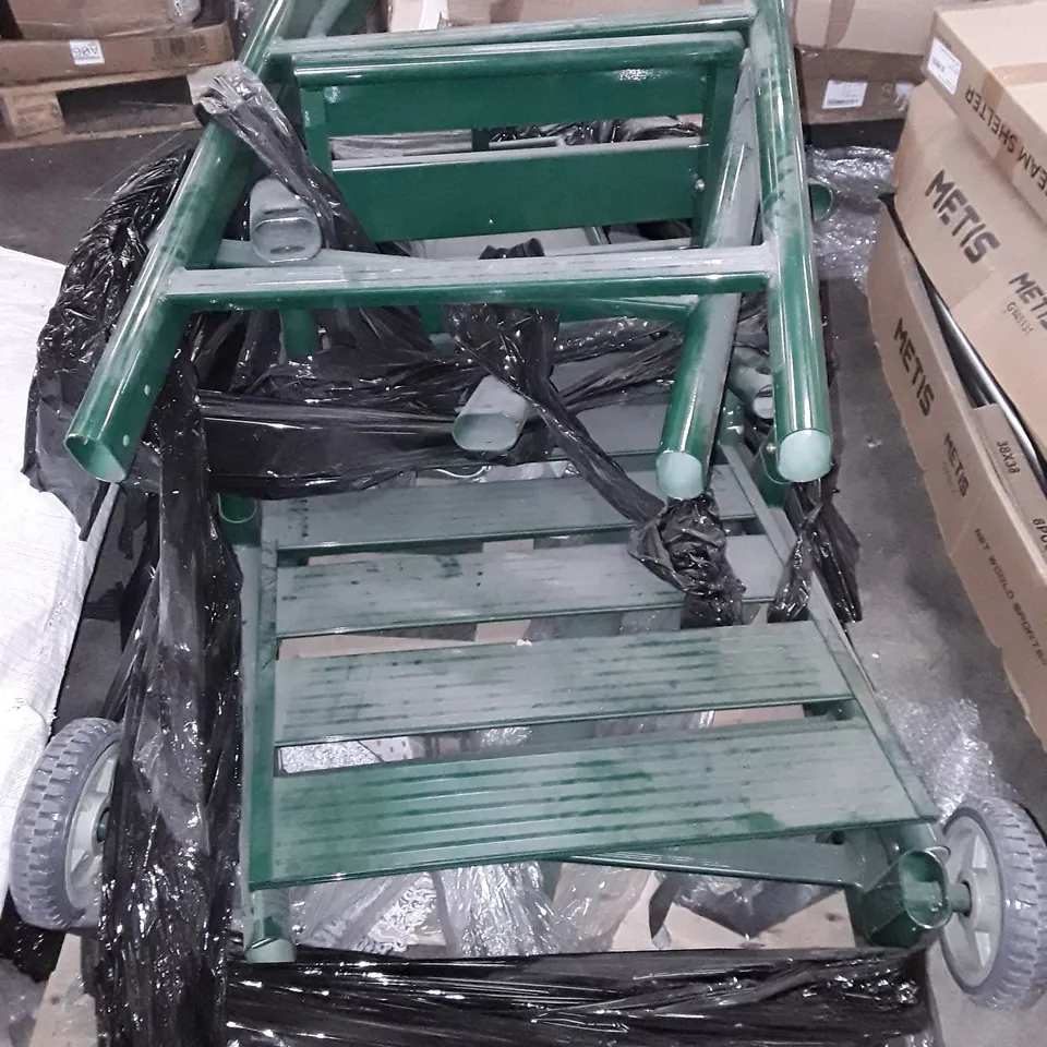 LOT OF WHEELED GREEN METAL TUBING PARTS