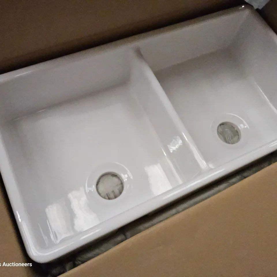 BOXED DEVOL 1000mm 59/50 DIVIDED WHITE CERAMIC SINK