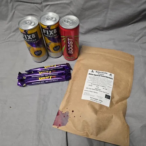 APPROXIMATELY 15 ASSORTED FOOD/DRINK PRODUCTS TO INCLUDE TWIRL BARS, BOOST DRINK, SEED KERNELS ETC