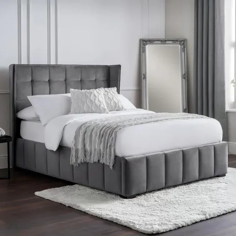 BOXED PALMIRA LIGHT GREY UPHOLSTERED BED FRAME (2 BOXES) -DOUBLE-