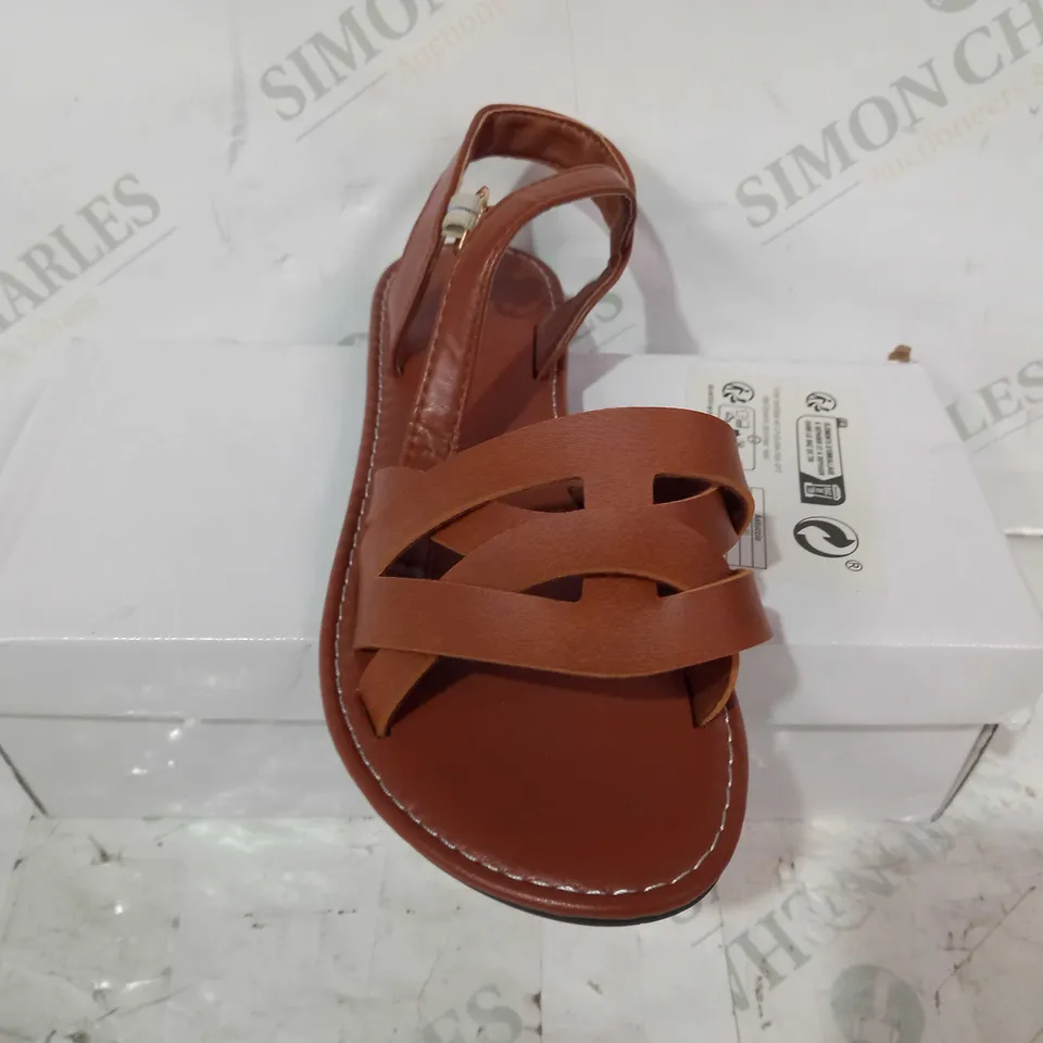 BOXED PAIR OF DESIGNER STRAPPY OPEN TOE SANDALS IN BROWN EU SIZE 38