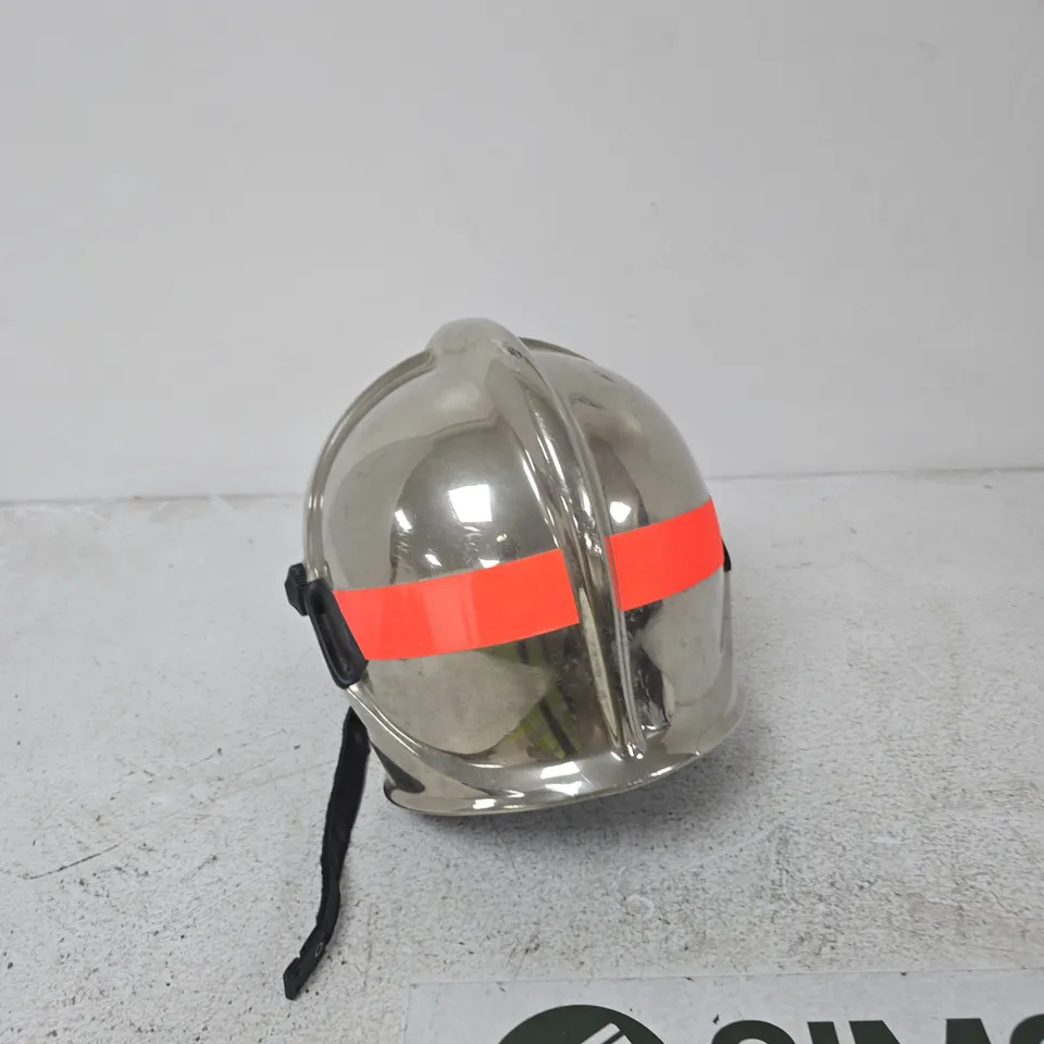SAPEURS-POMPIERS FIREFIGHTER HELMET – SILVER METAL WITH LEATHER CHIN STRAP