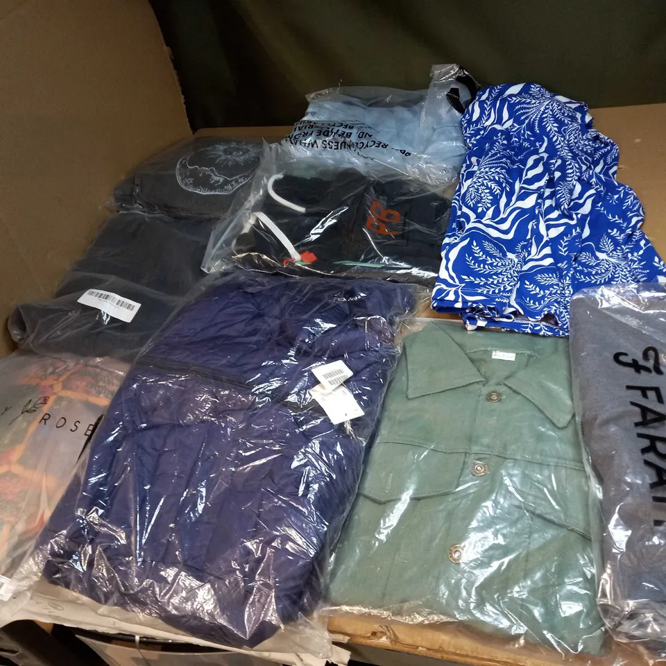 BOX OF APPROX 35 ASSORTED CLOTHING ITEMS TO INCLUDE - DRESSES, T-SHIRTS AND TROUSERS