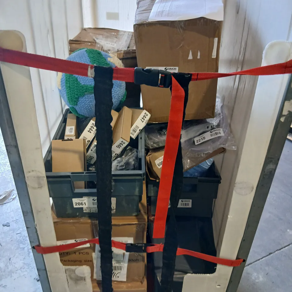 APOROXIMATELY 35 ASSORTED PRODUCTS TO INCLUDE; JUDE BAMBOO EVERYDAY PADS, LOVE AND LULLABIES NAPPY CADDY, KNITTED WORLD GLOBE PLUSH TOY, PARASILICIO CONSTRUCTION SEALING AND KAYMAN DUMBELL RACK