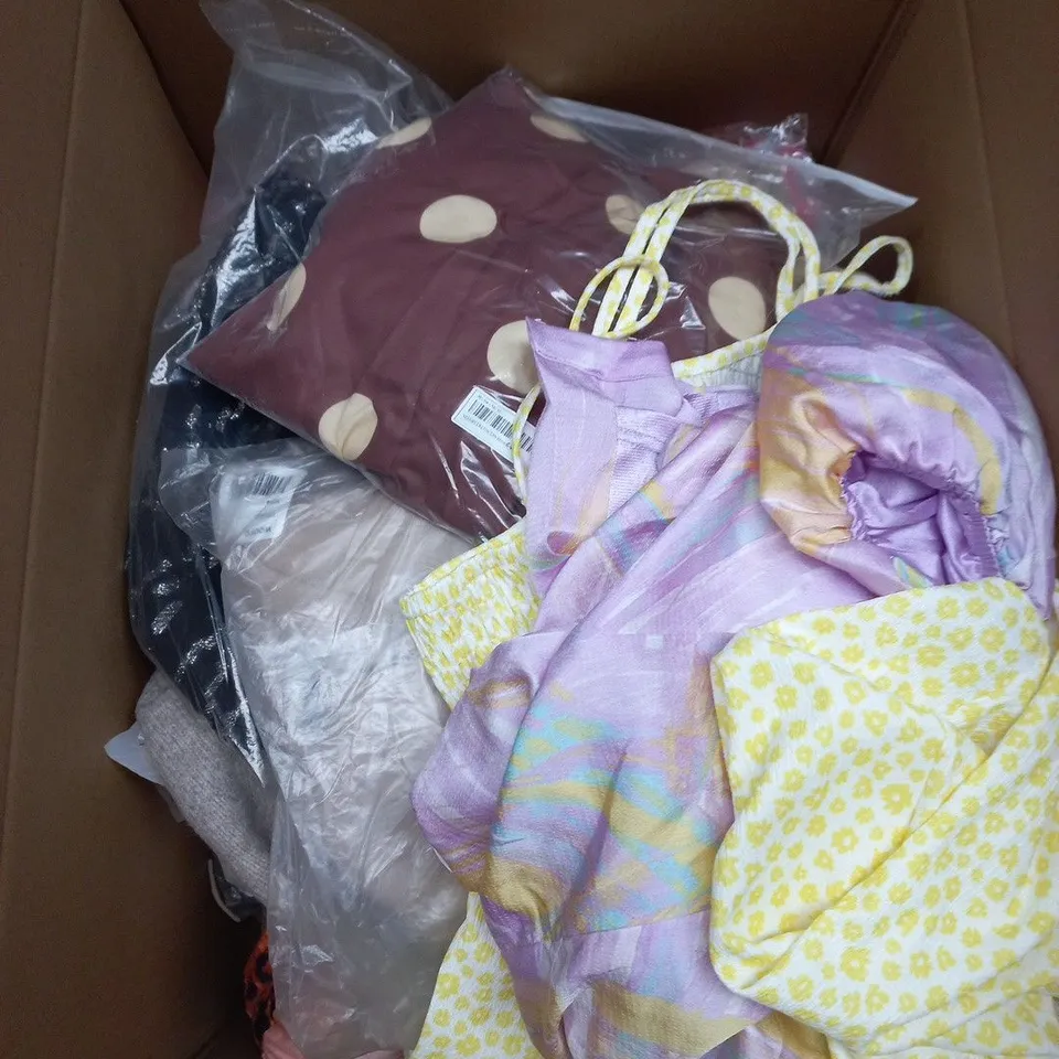 LARGE BOX OF APPROXIMATELY 25 ASSORTED CLOTHING ITEMS IN VARIOUS COLOURS, STYLES AND SIZES - COLLECTION ONLY
