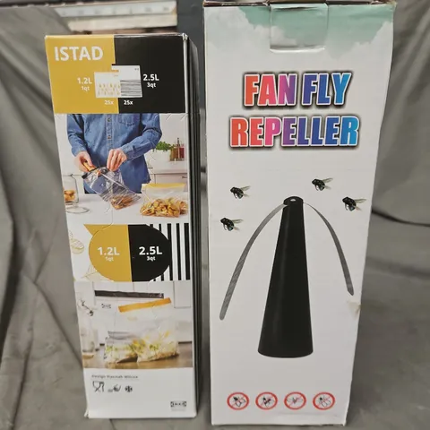 APPROXIMATELY 5 ASSORTED HOUSEHOLD PRODUCTS TO INCLUDE FAN FLY REPELLER & FOOD STORAGE BAGS 