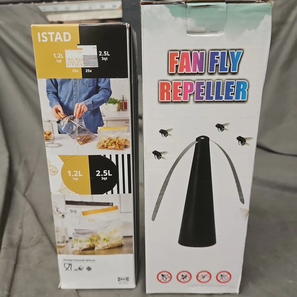 APPROXIMATELY 5 ASSORTED HOUSEHOLD PRODUCTS TO INCLUDE FAN FLY REPELLER & FOOD STORAGE BAGS 