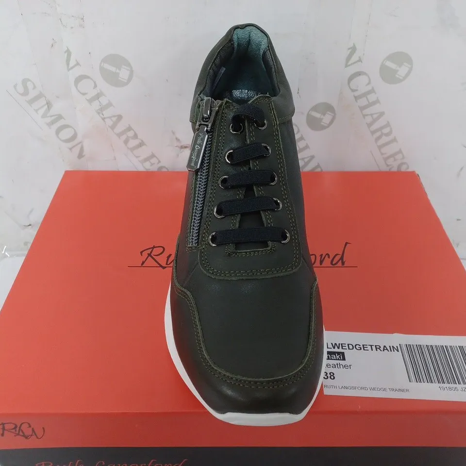 RUTH LANGSFORD WEDGE TRAINER IN KHAKI - SIZE 5